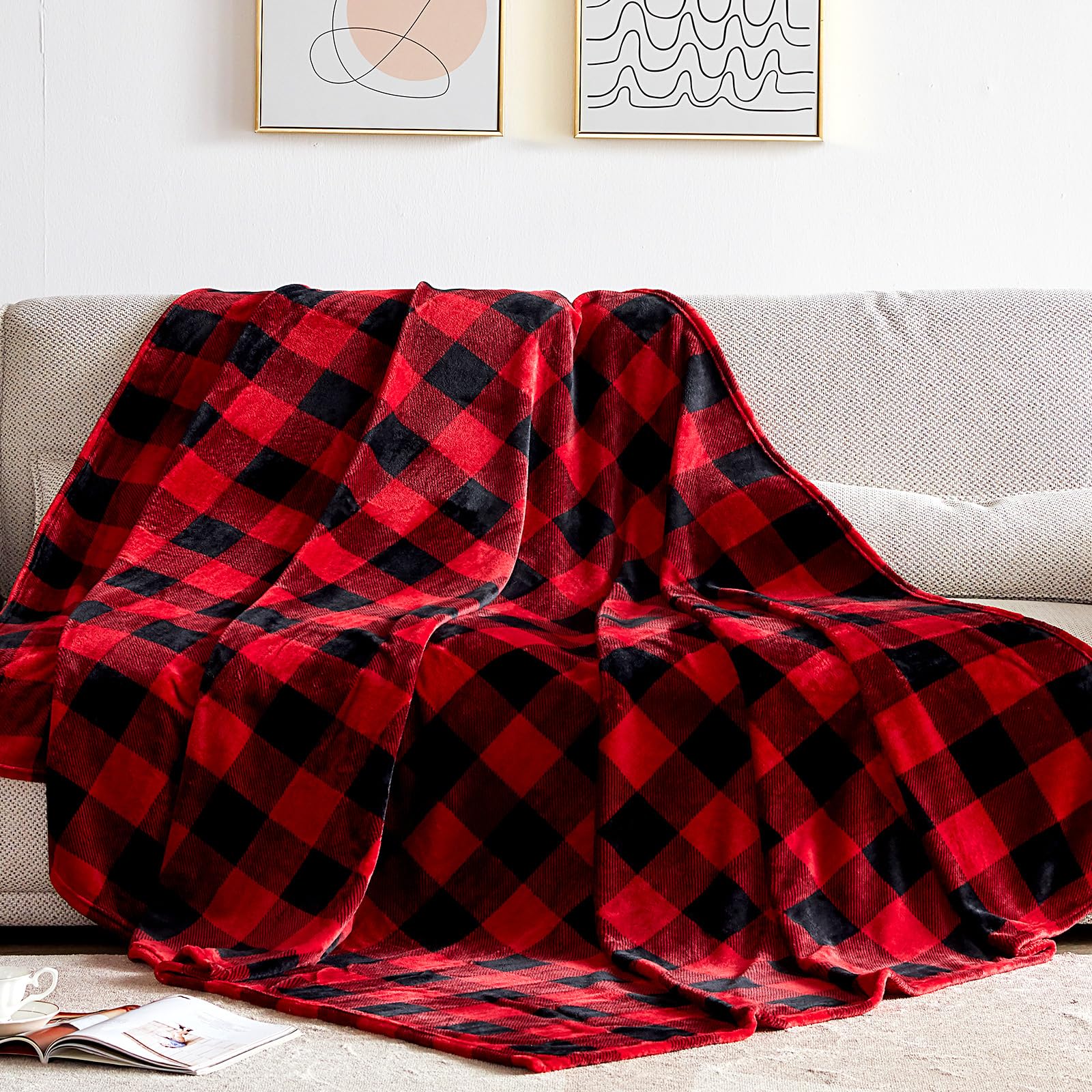 Touchat Fleece Throw Blankets, Buffalo Plaid Throw Blanket for Couch Sofa Bed, Soft Warm Fuzzy Cozy Plush Checkered christmas blanket, Lightweight Farmhouse Decor 50" x 60" (Red & Black)