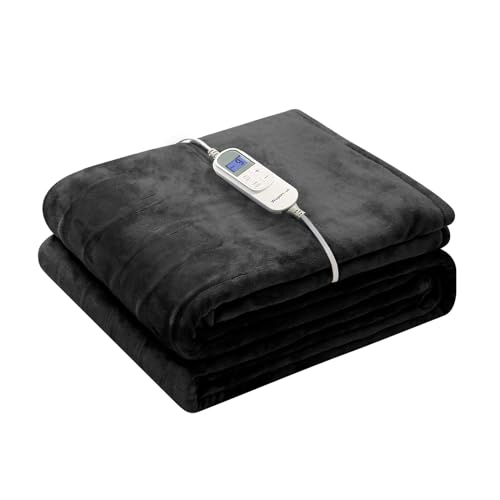 Wapaneus Electric Blanket 62”x84” Flannel Heated Blanket Twin Size with 5 Heating Settings 10 Hours Auto-Off, Fast-Heating, ETL Listed, Machine Washable, Black