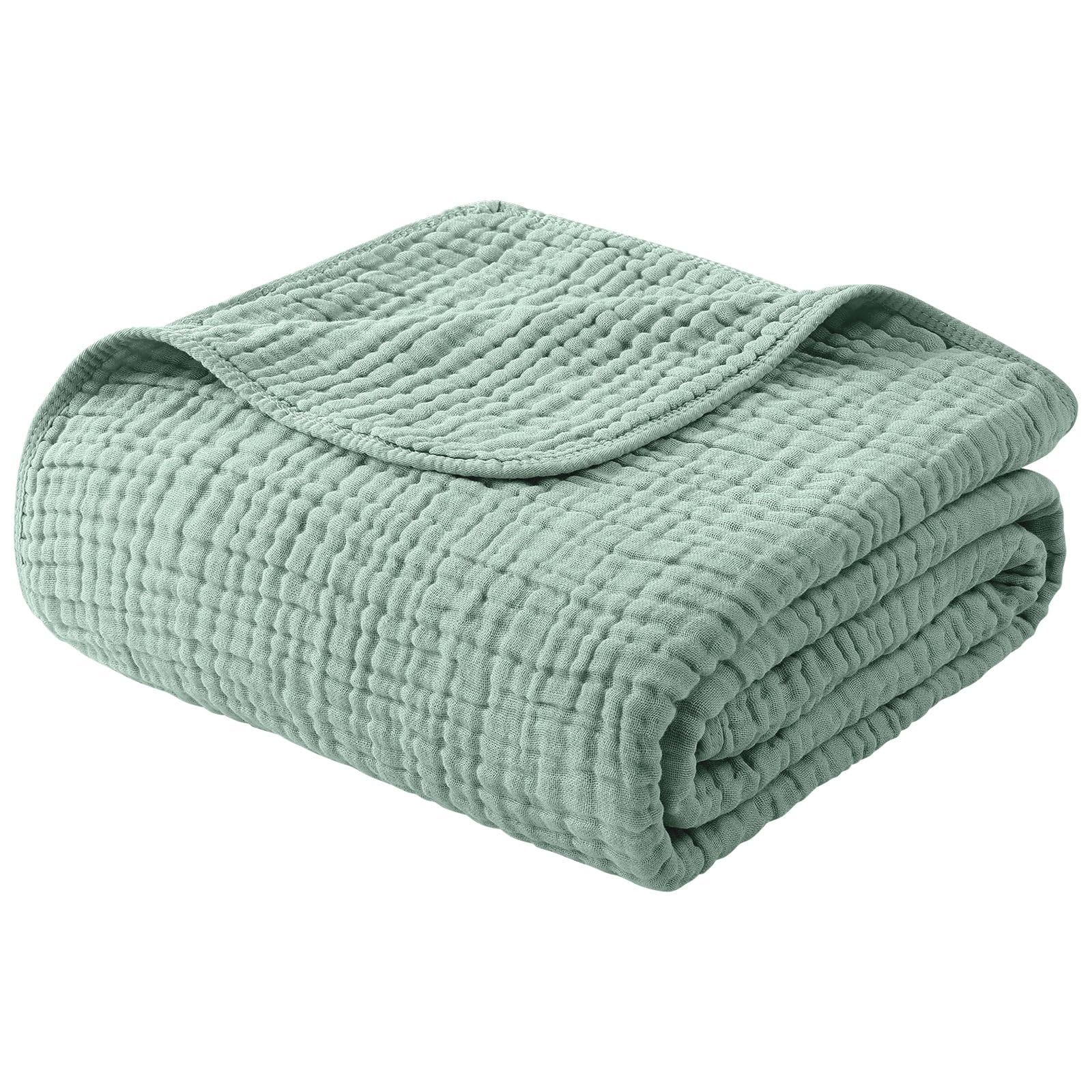 Yoofoss Muslin Blanket 100% Cotton Summer Blanket Large Twin Size 60" x 80" for Bed Couch 6-Layer Gauze Blanket for Adults Lightweight and Breathable Dark Green