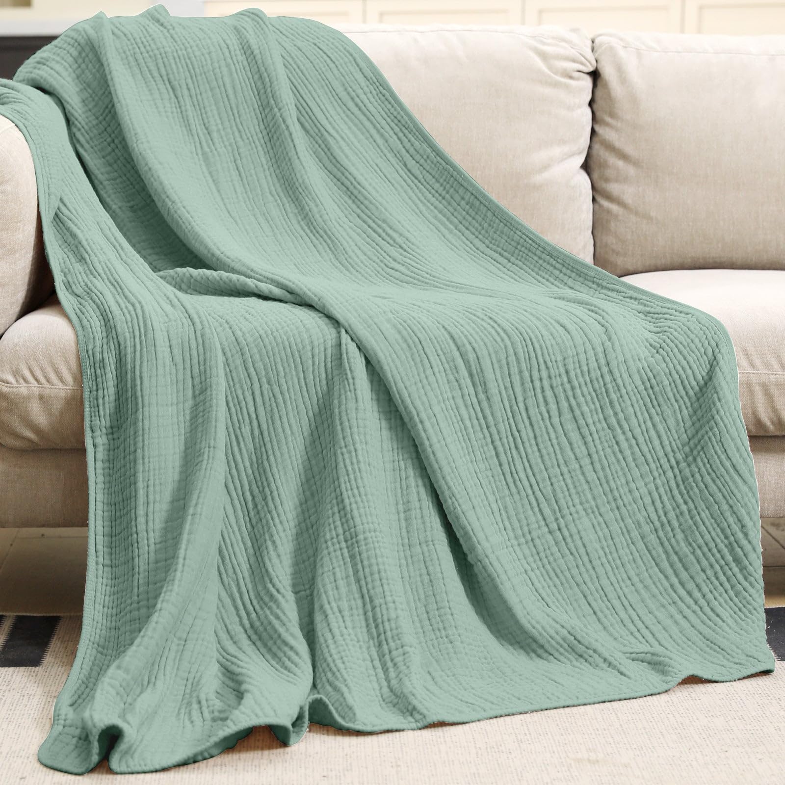 Yoofoss Muslin Blanket 100% Cotton Summer Blanket Large Twin Size 60" x 80" for Bed Couch 6-Layer Gauze Blanket for Adults Lightweight and Breathable Dark Green