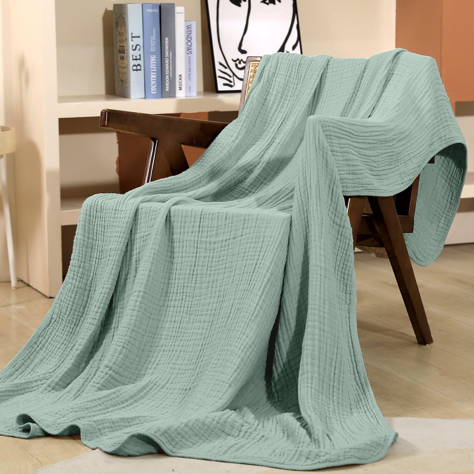 Yoofoss Muslin Blanket 100% Cotton Summer Blanket Large Twin Size 60" x 80" for Bed Couch 6-Layer Gauze Blanket for Adults Lightweight and Breathable Dark Green