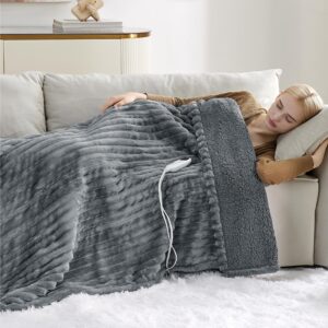 Bedsure Heated Blanket Electric Throw - Thick Striped Flannel, Fast Heating Electric Blanket with 6 Heating Levels, 4 Time Settings, and Adjustable 3-Hour Auto-Off (50x60 inches, Grey)