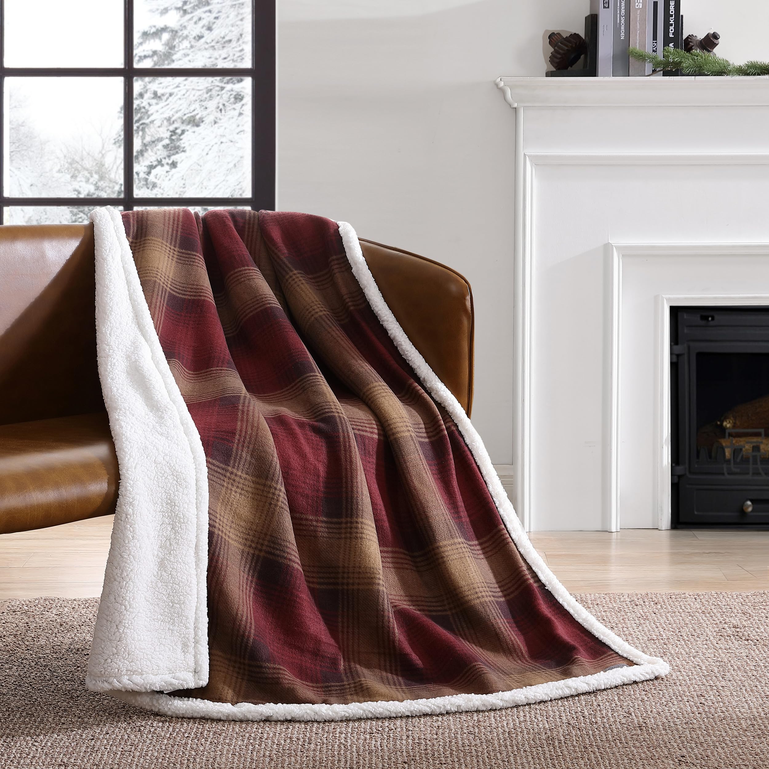 Eddie Bauer - Throw Blanket, Brushed Fleece Bedding with Sherpa Reverse, Soft & Cozy Home Decor for Bed or Couch (Nordic Raisin, 50" x 70")