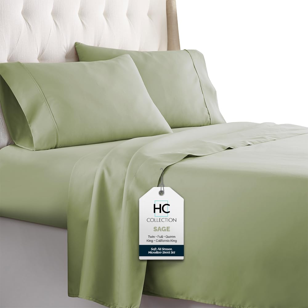 Full Size Bed Sheets, 4 pc Bed Sheets & Pillowcases Set - Machine Washable for Easy Care - Soft & Breathable All Season Microfiber Sheets with Deep Pockets - Sage