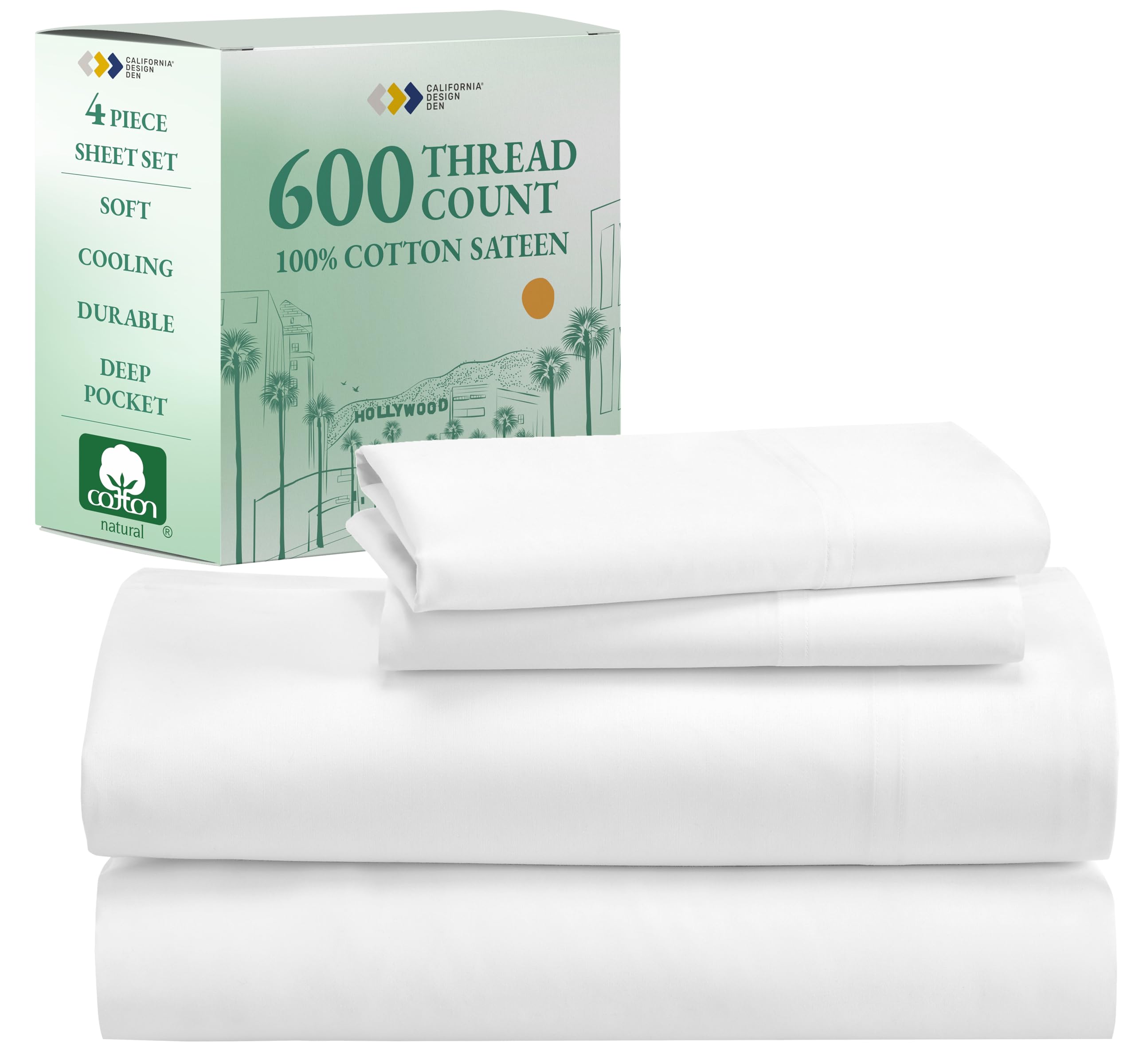 California Design Den - Luxury Full Size Sheet Set - 100% Cotton, 600 Thread Count Deep Pocket Full Size Bed Sheets, Hotel-Quality Cooling Sheets with Sateen Weave - Bright White