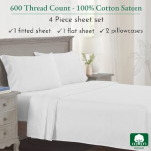 California Design Den - Luxury Full Size Sheet Set - 100% Cotton, 600 Thread Count Deep Pocket Full Size Bed Sheets, Hotel-Quality Cooling Sheets with Sateen Weave - Bright White