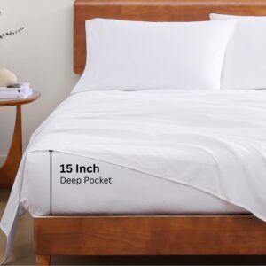 LANE LINEN 100% Organic Cotton Full Size Bed Sheets, Super Soft Long Staple Cotton Bed Sheets Full Size, Percale Weave Bedding Sheets and Pillowcases - White Full Sheet Set Fits 15" Deep Mattress