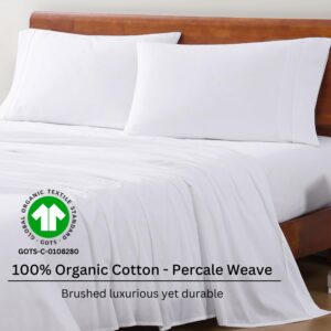 LANE LINEN 100% Organic Cotton Full Size Bed Sheets, Super Soft Long Staple Cotton Bed Sheets Full Size, Percale Weave Bedding Sheets and Pillowcases - White Full Sheet Set Fits 15" Deep Mattress