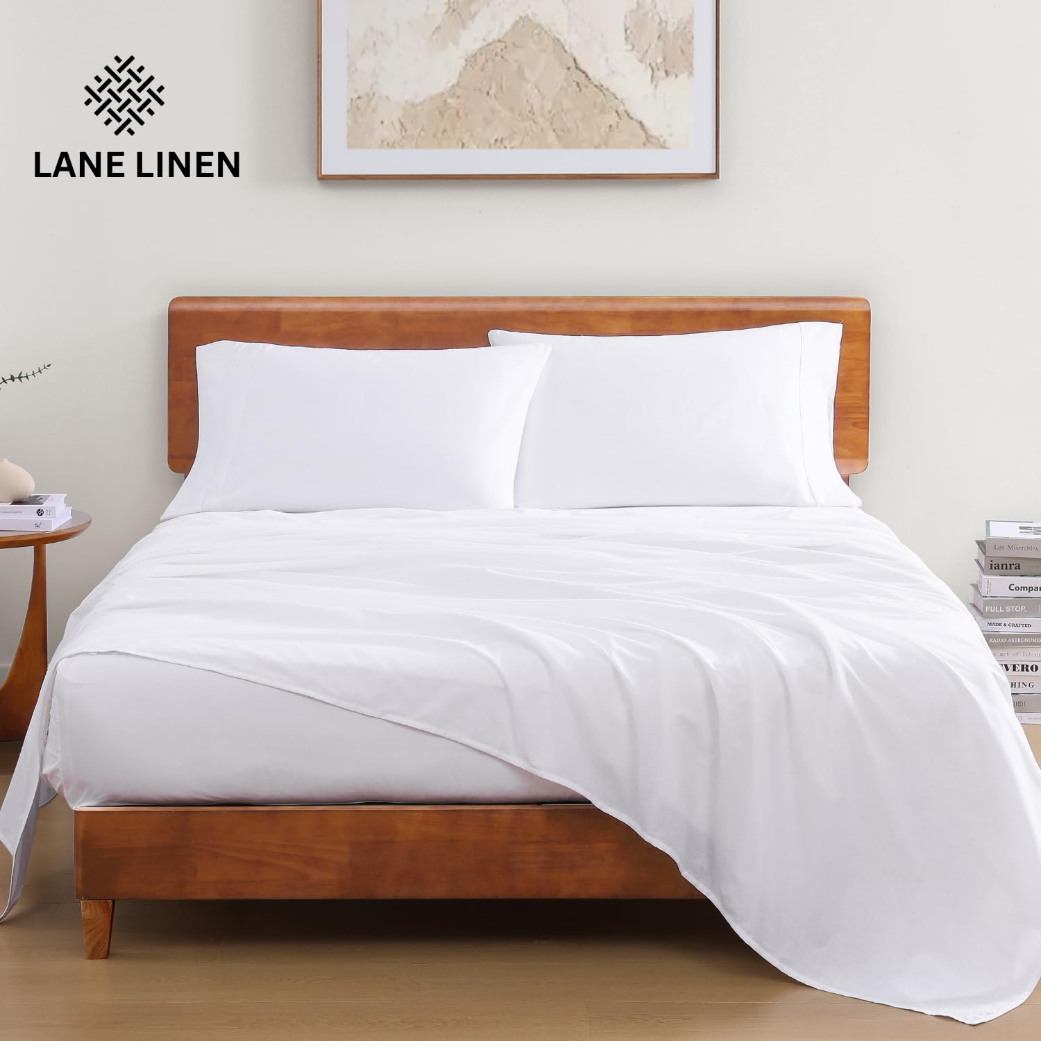 LANE LINEN 100% Organic Cotton Full Size Bed Sheets, Super Soft Long Staple Cotton Bed Sheets Full Size, Percale Weave Bedding Sheets and Pillowcases - White Full Sheet Set Fits 15" Deep Mattress