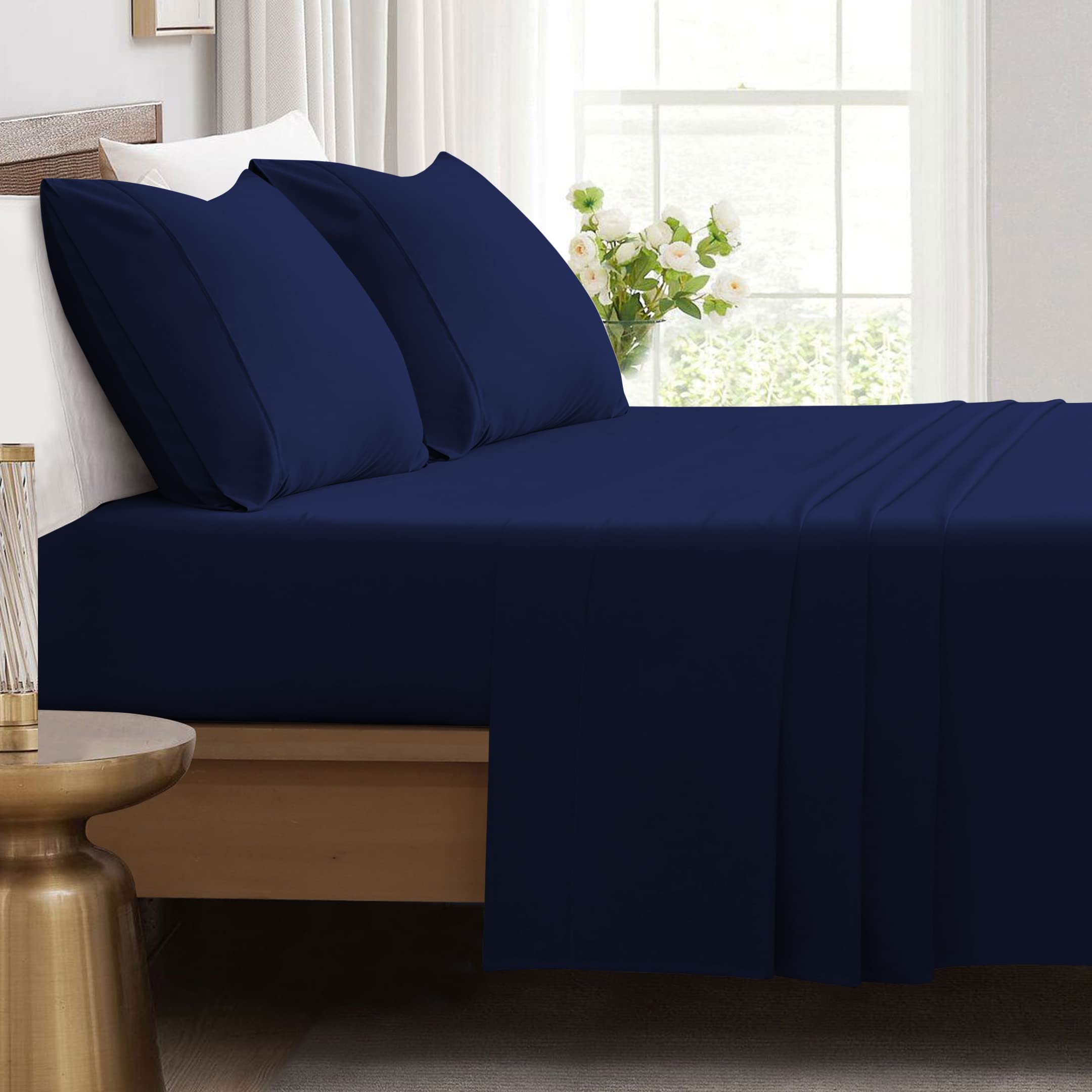 IR Imperial Rooms Full Size Sheet Sets - 4 Piece Luxury Hotel Bedding Sheets & Pillowcases Soft Brushed Microfiber Cooling Bed Sheets Set Deep Pocket up to 16 inch Shrinkage and Fade Resistant (Navy)