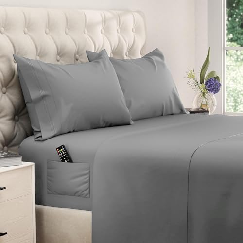 DREAMCARE Full Size Sheets - Cooling Bed Sheets - 4pcs Set - up to 15" Deep Pocket Full Sheet Set - Sheets Full Size Bed - Soft & Long Lasting 100% Fine Brushed Polyester with Side Pocket - Gray