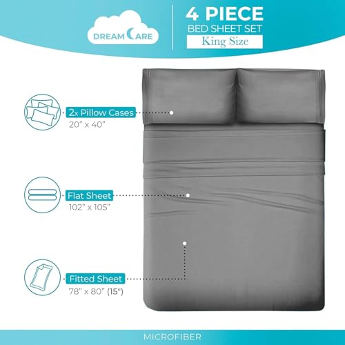 DREAMCARE Full Size Sheets - Cooling Bed Sheets - 4pcs Set - up to 15" Deep Pocket Full Sheet Set - Sheets Full Size Bed - Soft & Long Lasting 100% Fine Brushed Polyester with Side Pocket - Gray