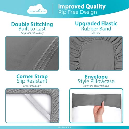 DREAMCARE Full Size Sheets - Cooling Bed Sheets - 4pcs Set - up to 15" Deep Pocket Full Sheet Set - Sheets Full Size Bed - Soft & Long Lasting 100% Fine Brushed Polyester with Side Pocket - Gray