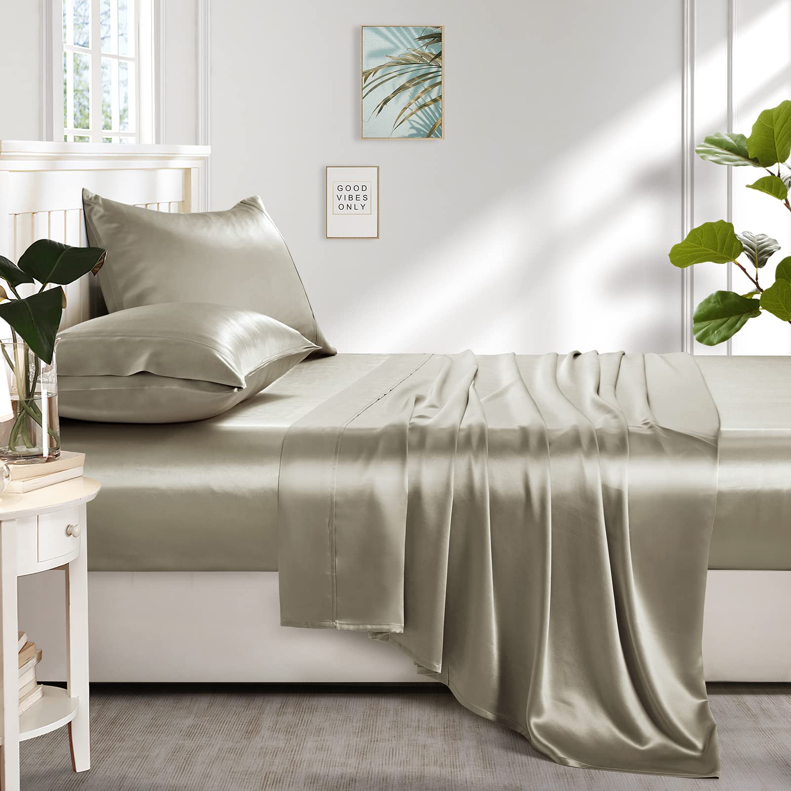 Lanest Housing Silk Satin Sheets, 4-Piece Full Size Satin Bed Sheet Set with Deep Pockets, Cooling Soft and Hypoallergenic Satin Sheets Full - Taupe