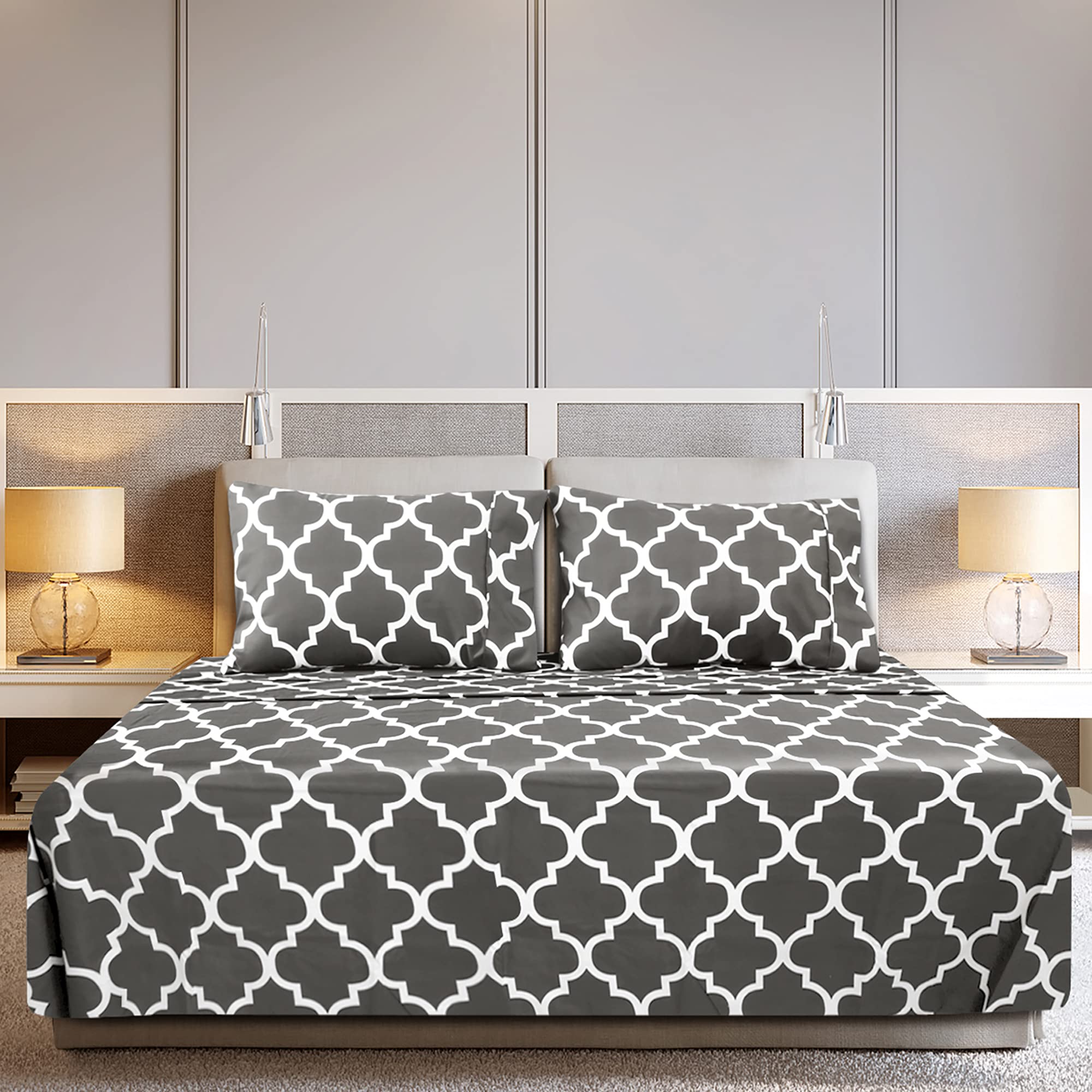 Utopia Bedding Full Sheet Set, Soft Microfiber 4 Piece Bed Sheets with 15" Deep Pocket - Easy Care Brushed Microfiber (Quatrefoil - Grey)