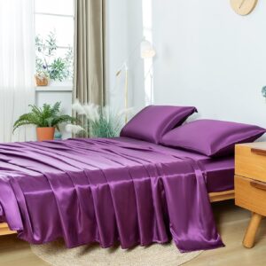 Revdomfly 4 Pcs Full Size Luxury Silky Soft Purple Satin Sheet Set,1 Premium Moisture Wicking Fitted Sheet Fits Up to 16 Inches Deep Pocket + 1 Flat Sheet + 2 Pillowcases（Purple, Full）