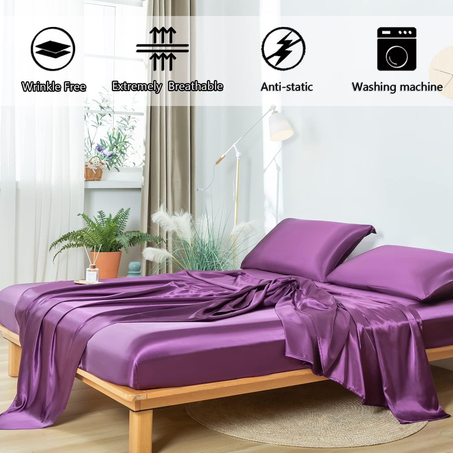 Revdomfly 4 Pcs Full Size Luxury Silky Soft Purple Satin Sheet Set,1 Premium Moisture Wicking Fitted Sheet Fits Up to 16 Inches Deep Pocket + 1 Flat Sheet + 2 Pillowcases（Purple, Full）