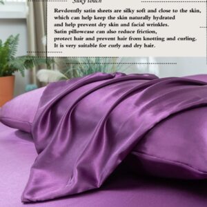 Revdomfly 4 Pcs Full Size Luxury Silky Soft Purple Satin Sheet Set,1 Premium Moisture Wicking Fitted Sheet Fits Up to 16 Inches Deep Pocket + 1 Flat Sheet + 2 Pillowcases（Purple, Full）