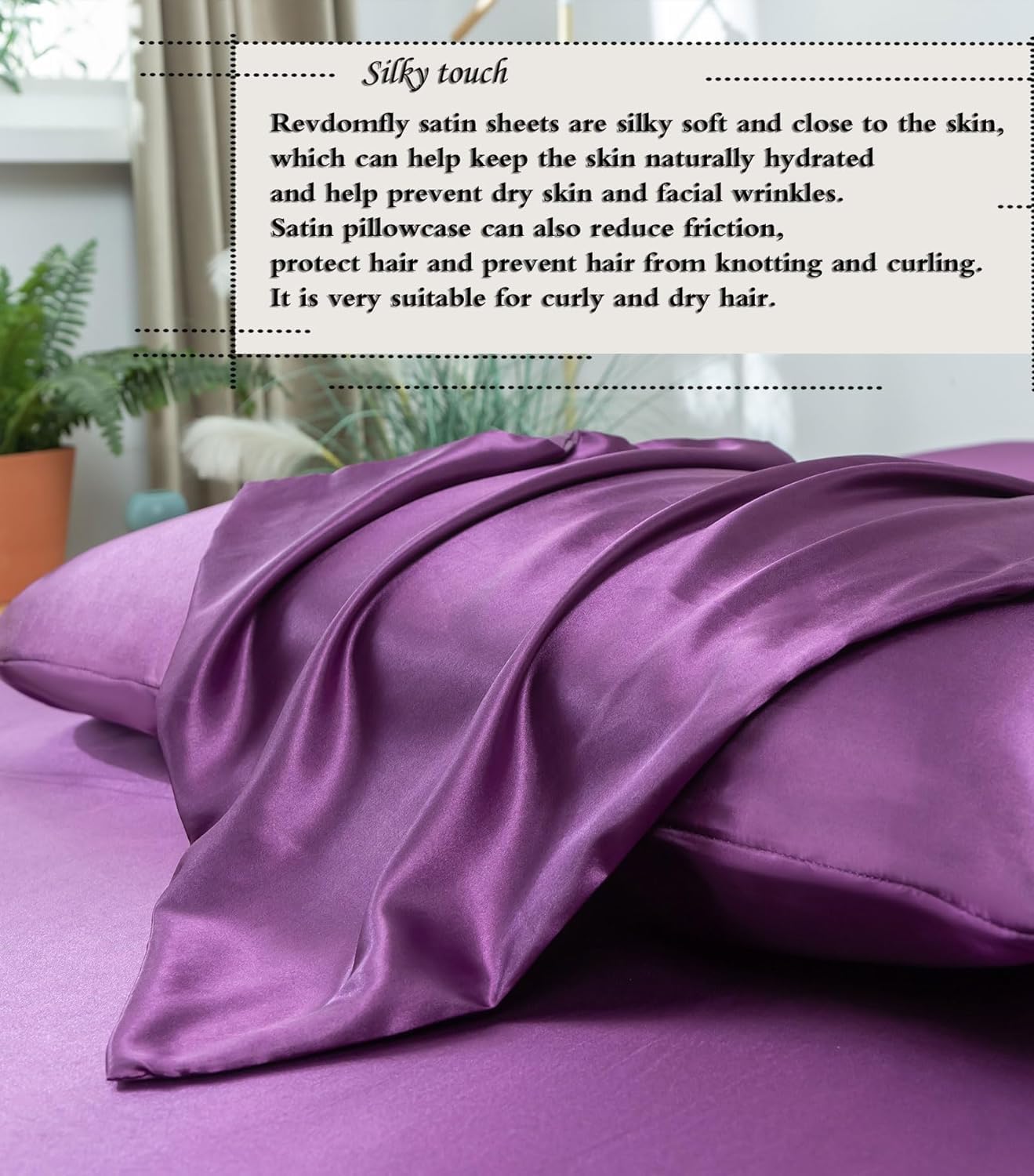 Revdomfly 4 Pcs Full Size Luxury Silky Soft Purple Satin Sheet Set,1 Premium Moisture Wicking Fitted Sheet Fits Up to 16 Inches Deep Pocket + 1 Flat Sheet + 2 Pillowcases（Purple, Full）