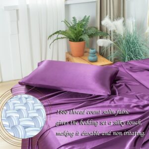 Revdomfly 4 Pcs Full Size Luxury Silky Soft Purple Satin Sheet Set,1 Premium Moisture Wicking Fitted Sheet Fits Up to 16 Inches Deep Pocket + 1 Flat Sheet + 2 Pillowcases（Purple, Full）