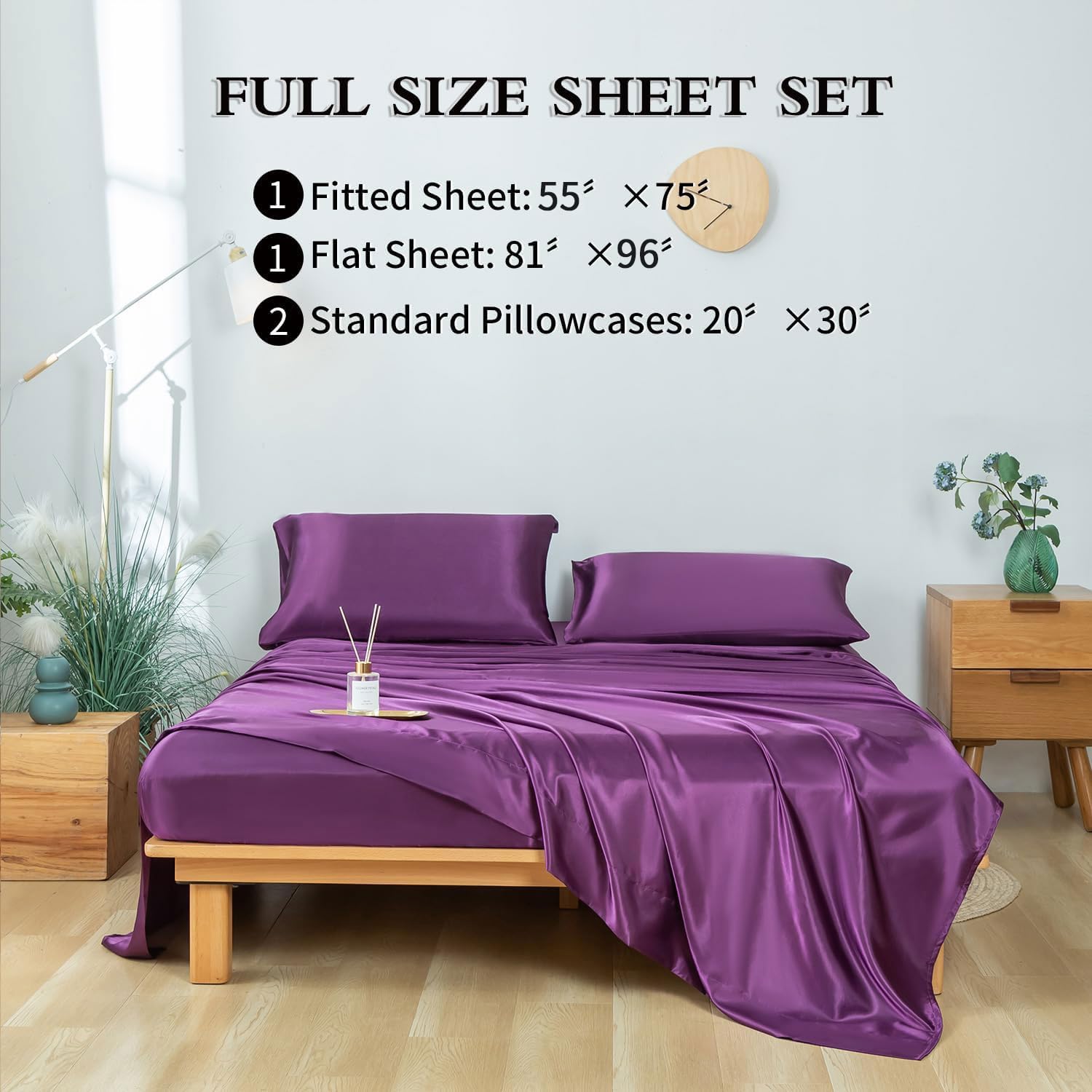 Revdomfly 4 Pcs Full Size Luxury Silky Soft Purple Satin Sheet Set,1 Premium Moisture Wicking Fitted Sheet Fits Up to 16 Inches Deep Pocket + 1 Flat Sheet + 2 Pillowcases（Purple, Full）