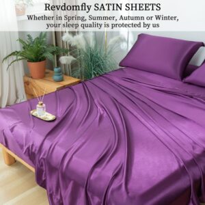 Revdomfly 4 Pcs Full Size Luxury Silky Soft Purple Satin Sheet Set,1 Premium Moisture Wicking Fitted Sheet Fits Up to 16 Inches Deep Pocket + 1 Flat Sheet + 2 Pillowcases（Purple, Full）