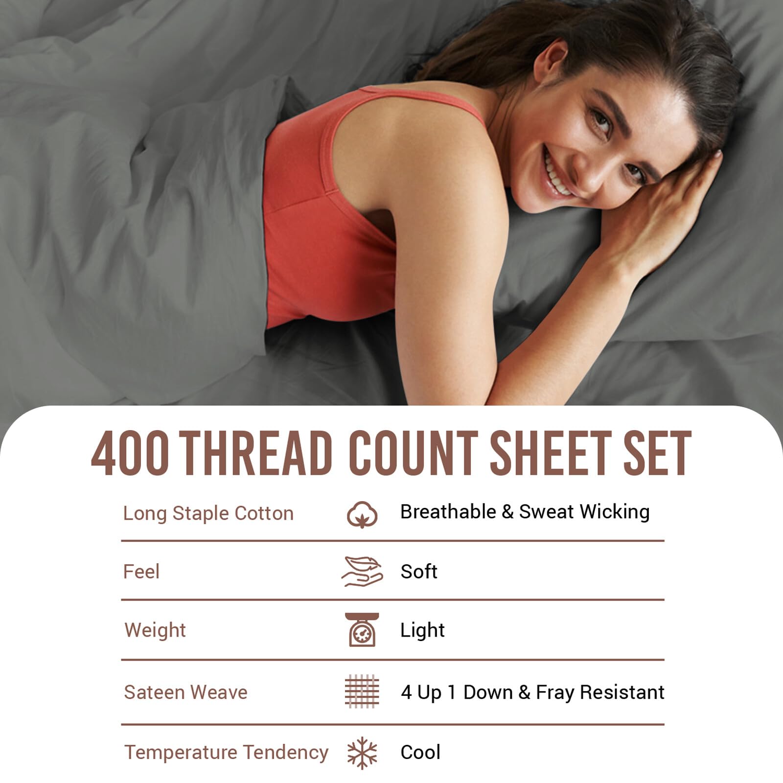 Pizuna Pure 100% Cotton Sheets Full Size, Luxurious 400 Thread Count Long Staple Cotton Sateen Sheets Full with 15" Deep Pocket (Combed Dark Grey Cotton Sheets Full)