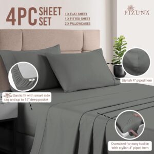 Pizuna Pure 100% Cotton Sheets Full Size, Luxurious 400 Thread Count Long Staple Cotton Sateen Sheets Full with 15" Deep Pocket (Combed Dark Grey Cotton Sheets Full)