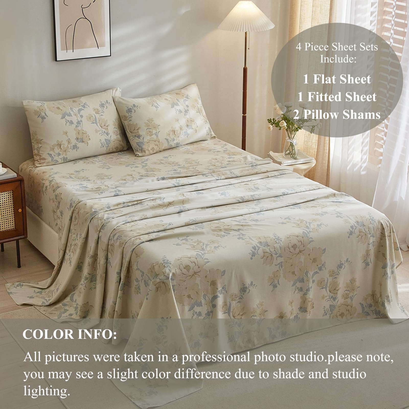 VClife Modern Floral Sheets Full Size Bedding Sets Khaki Taupe Beige Blueish Gray Floral Printed Sheets with 16" Extra Deep Pocket, 4 pcs Washed Microfiber Sheet Sets, Fade Resistant