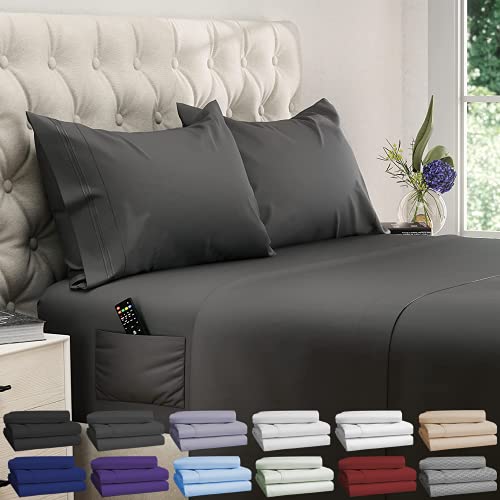 DREAMCARE Full Size Sheets – 4 pcs Cooling Sheets – up to 21” Deep Full Sheet Set – Hotel Luxury Sheets & Pillowcases – Superior Softness 100% Fine Microfiber with Side Pocket – Gray