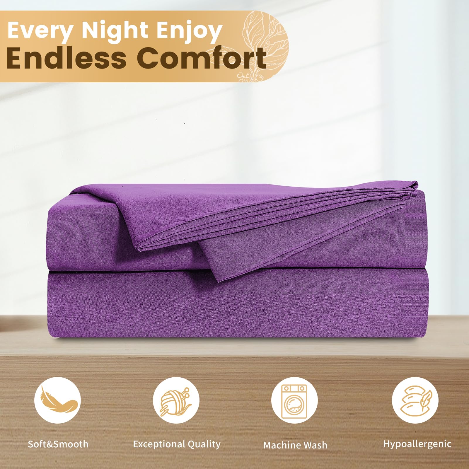 Bedlifes Full Size Sheet Sets- Cooling Sheets-Ultra Soft-Silky-Breathable-Deep Pocket- 1800 Series Bedding Set Microfiber- Purple Bed Sheets Full Size 4 Pieces