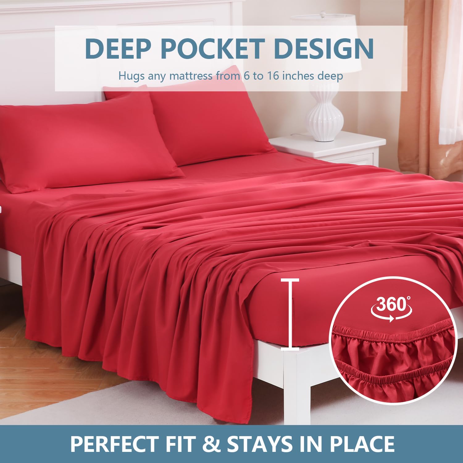 MEISHANG Full Size Sheet Set, Soft Breathable Cooling Brushed Microfiber Bed Sheets, Hotel Luxury Sheets with 16 Inch Deep Pocket, Wrinkle Free, 4 Pieces (Full, Burgundy Red)