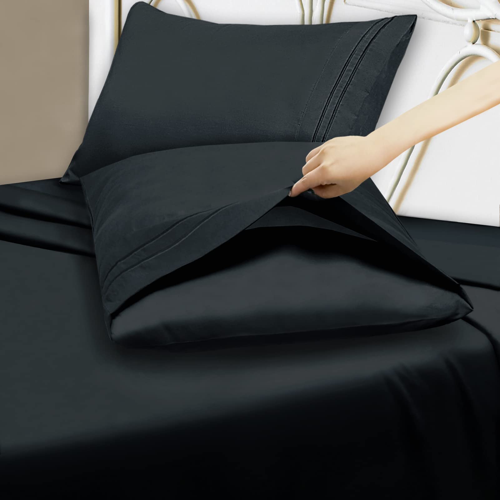 Mejoroom Full Size Sheets - 1800TC Luxury Full Sheets with 16 Inch Deep Pocket - Premium Bedding Collection - Extra Soft, Breathable, Wrinkle, Fade & Stain Resistant - 4 Piece (Full,Black)