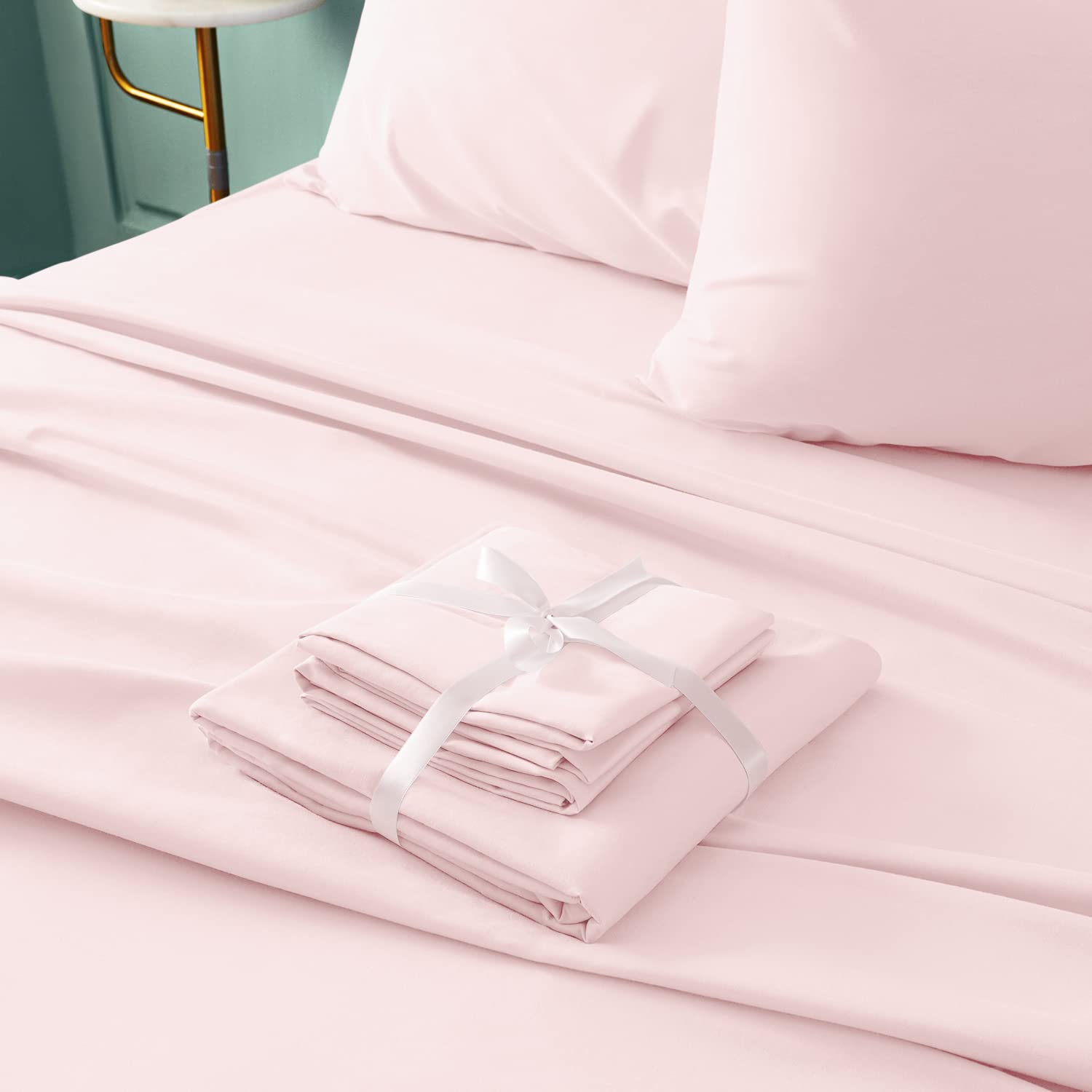 BYSURE 6 Pieces Bed Sheets Set(Full, Light Pink) - Super Soft 1800 Thread Count 100% Microfiber Sheets with Deep Pockets, Wrinkle & Fade Resistant