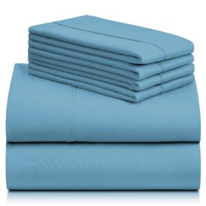 LuxClub 6 PC Full Size Sheet Set Sheets Deep Pockets 18" Eco Friendly Wrinkle Free Cooling Sheets Machine Washable Hotel Bedding Silky Soft - Denim Full