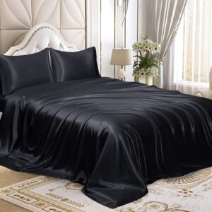 Homiest 4pcs Satin Sheets Set Luxury Silky Satin Bedding Set with Deep Pocket, 1 Fitted Sheet + 1 Flat Sheet + 2 Pillowcases (Full Size, Black)