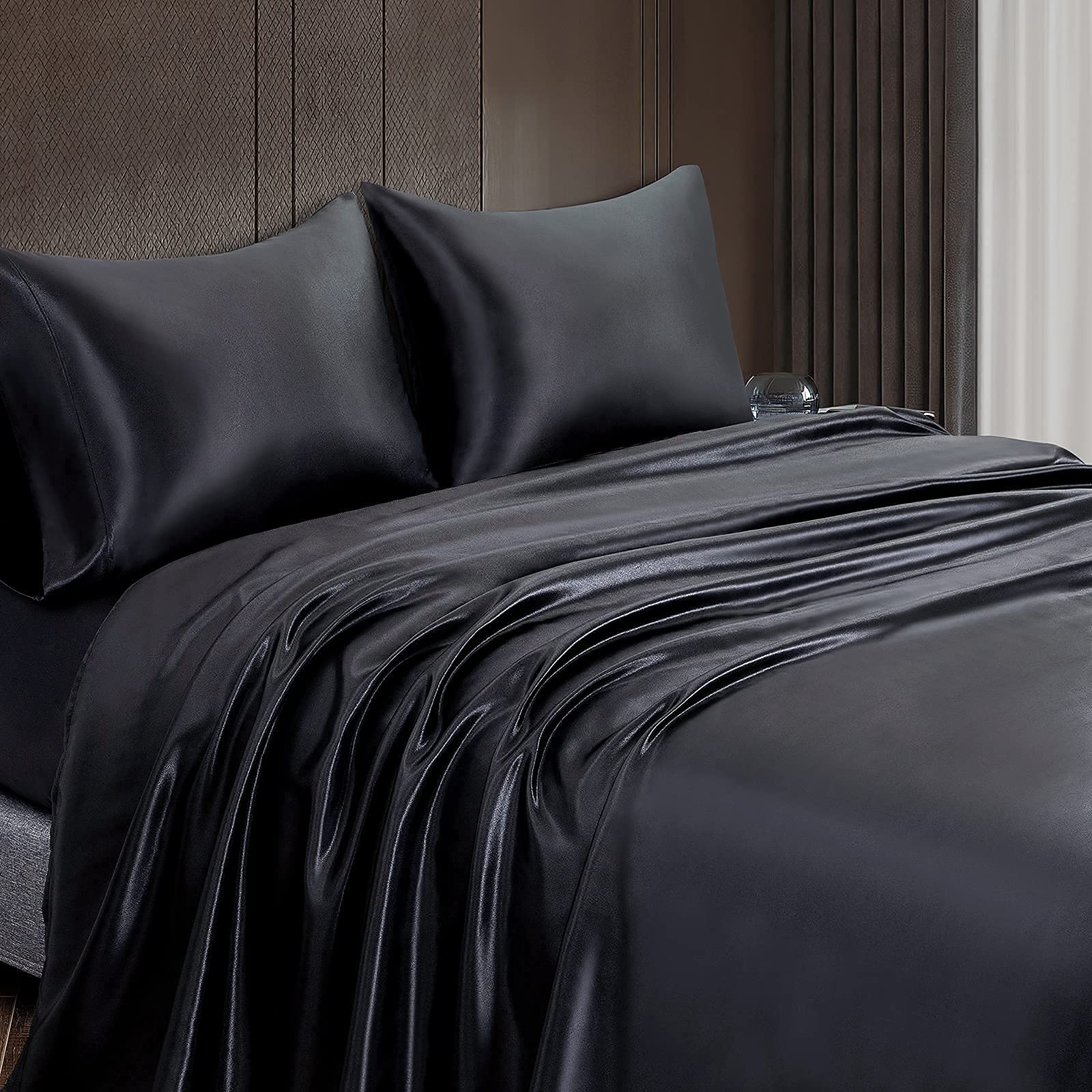 Homiest 4pcs Satin Sheets Set Luxury Silky Satin Bedding Set with Deep Pocket, 1 Fitted Sheet + 1 Flat Sheet + 2 Pillowcases (Full Size, Black)