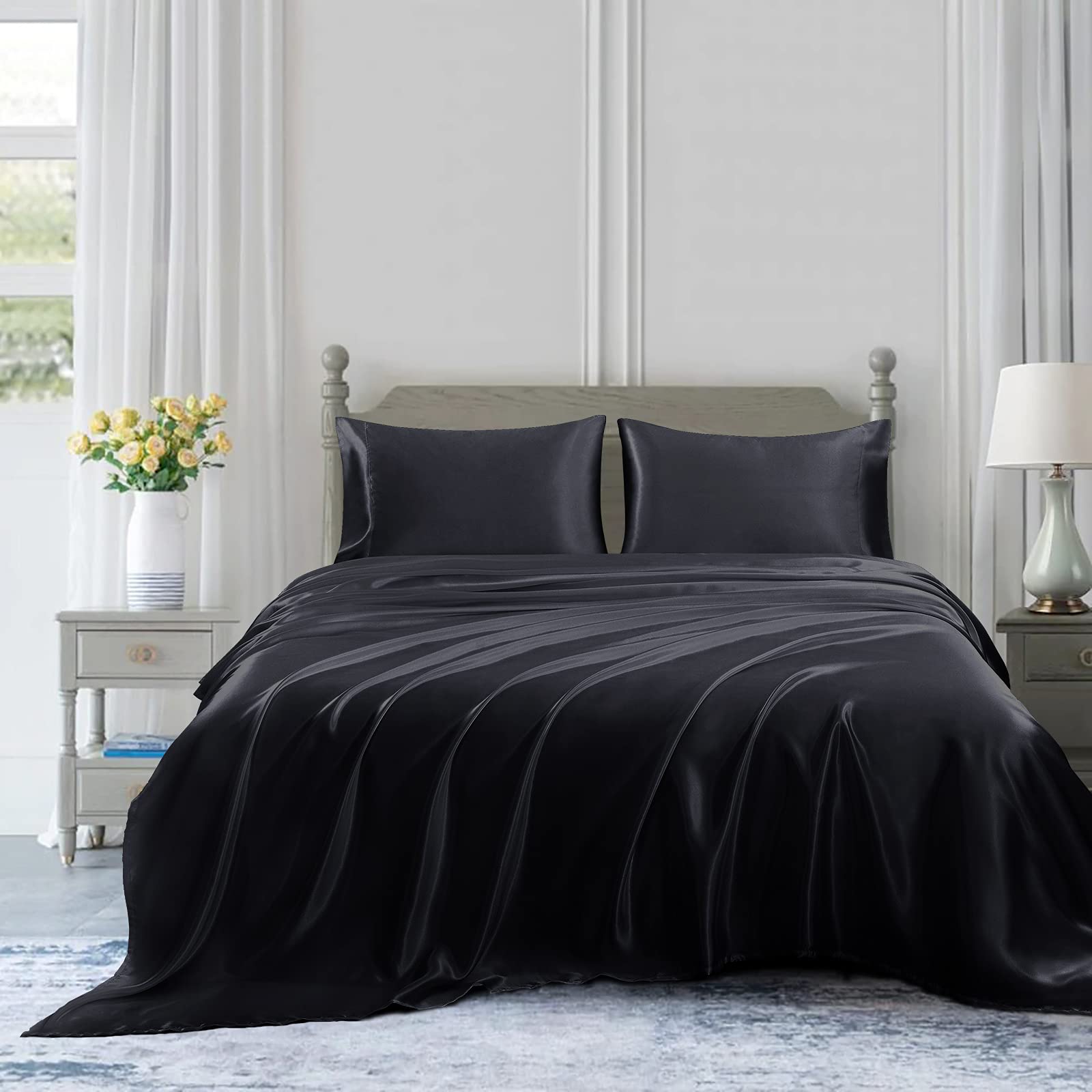 Homiest 4pcs Satin Sheets Set Luxury Silky Satin Bedding Set with Deep Pocket, 1 Fitted Sheet + 1 Flat Sheet + 2 Pillowcases (Full Size, Black)