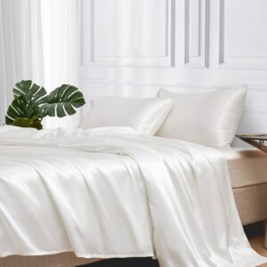 mr&hm satin bed sheets, full size sheets set, 4 pcs silky bedding set with 15 inches deep pocket for mattress (full, ivory)