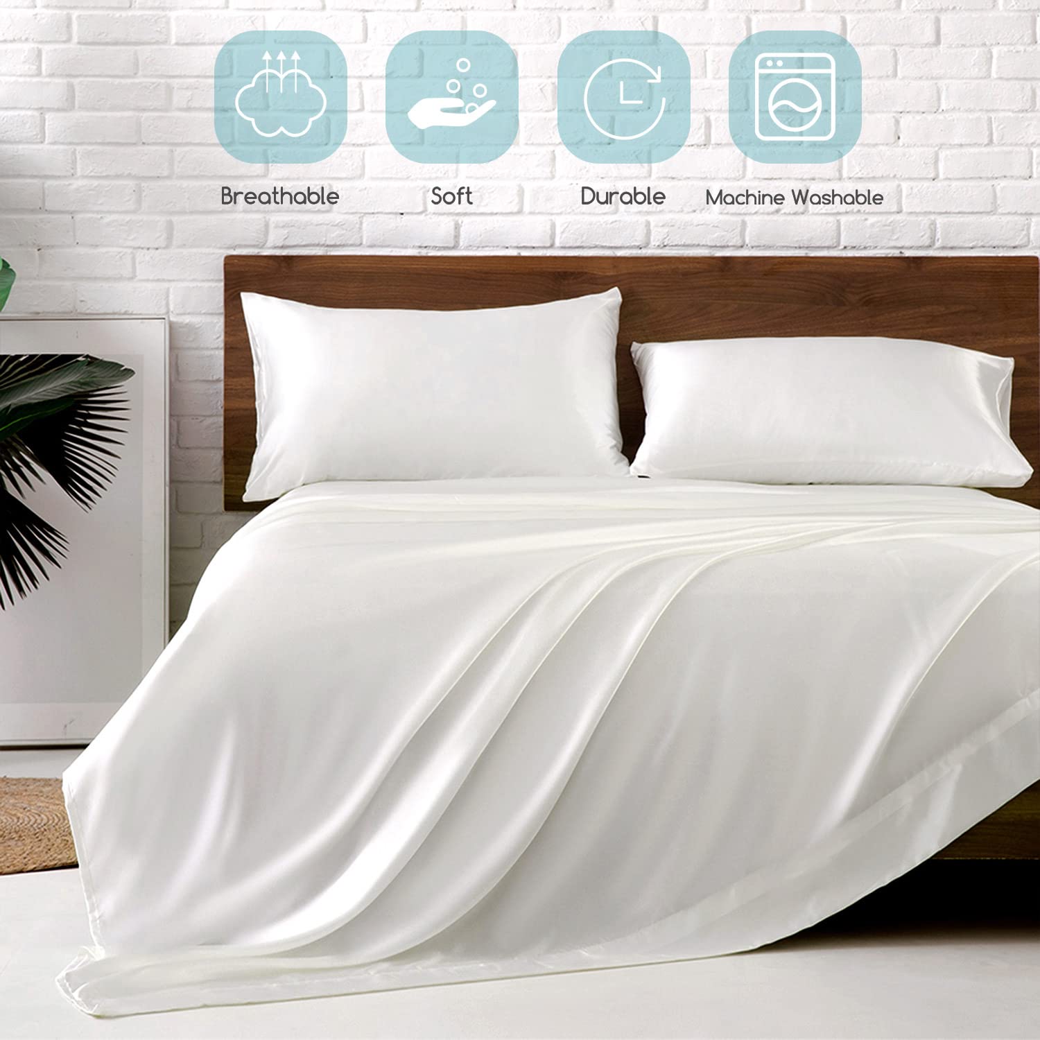 MR&HM Satin Bed Sheets, Full Size Sheets Set, 4 Pcs Silky Bedding Set with 15 Inches Deep Pocket for Mattress (Full, Ivory)