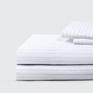 everspread 100% cotton bed sheets. full size - pinstripe. 4 piece sheet set. soft washed percale. natural long staple cotton. cool & breathable bedding. deep pocket fits mattress up to 18 inches