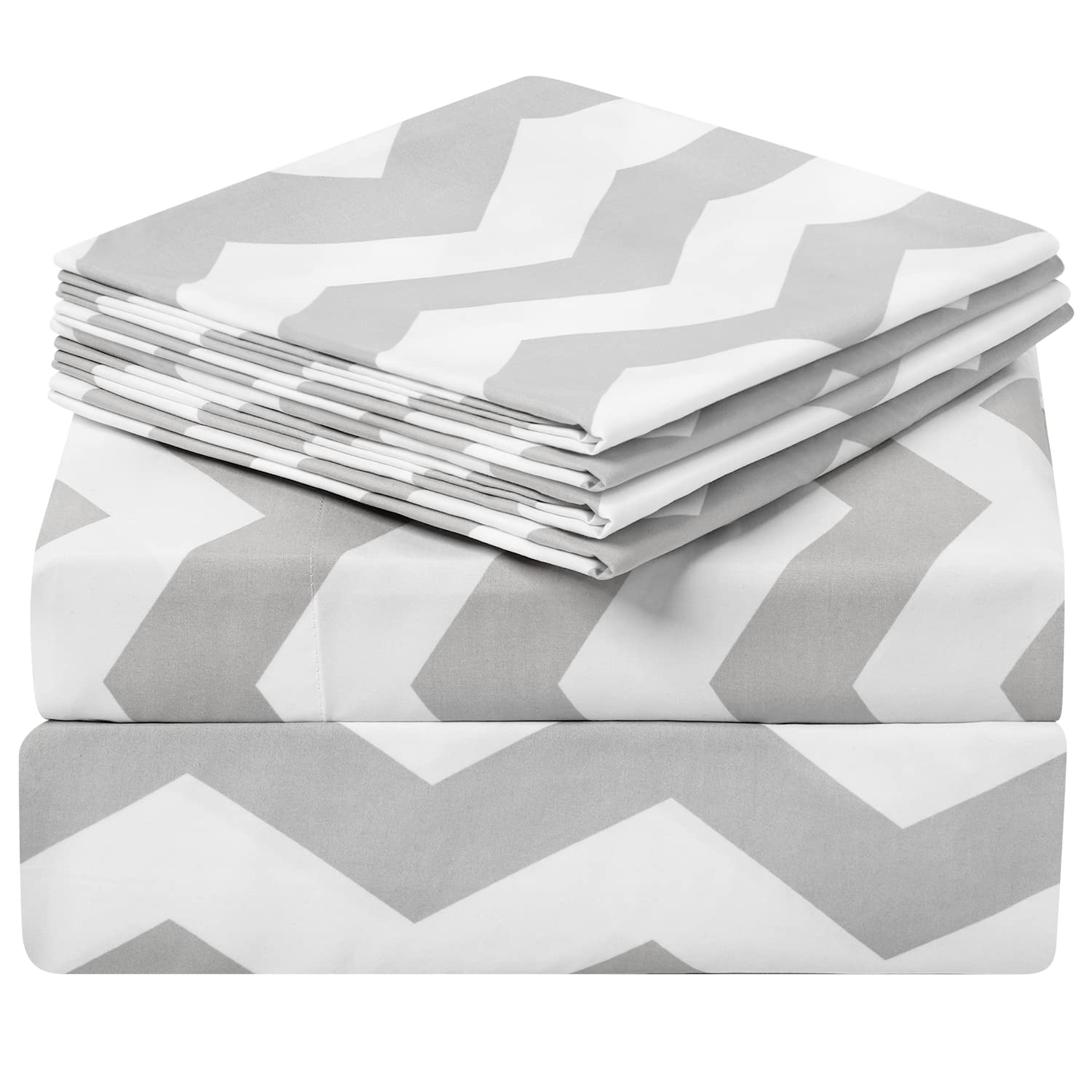 HOMEIDEAS 6 Piece Printed Full Size Bed Sheets, Extra Soft Brushed Microfiber 1800 Bedding Pattern Sheets, Deep Pocket, Wrinkle & Fade Free, Grey Chevron