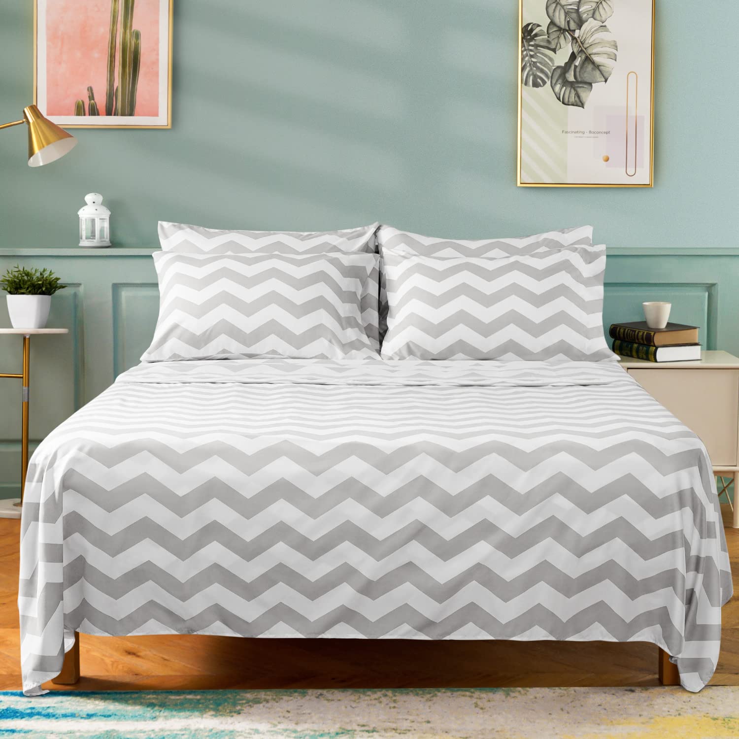 HOMEIDEAS 6 Piece Printed Full Size Bed Sheets, Extra Soft Brushed Microfiber 1800 Bedding Pattern Sheets, Deep Pocket, Wrinkle & Fade Free, Grey Chevron