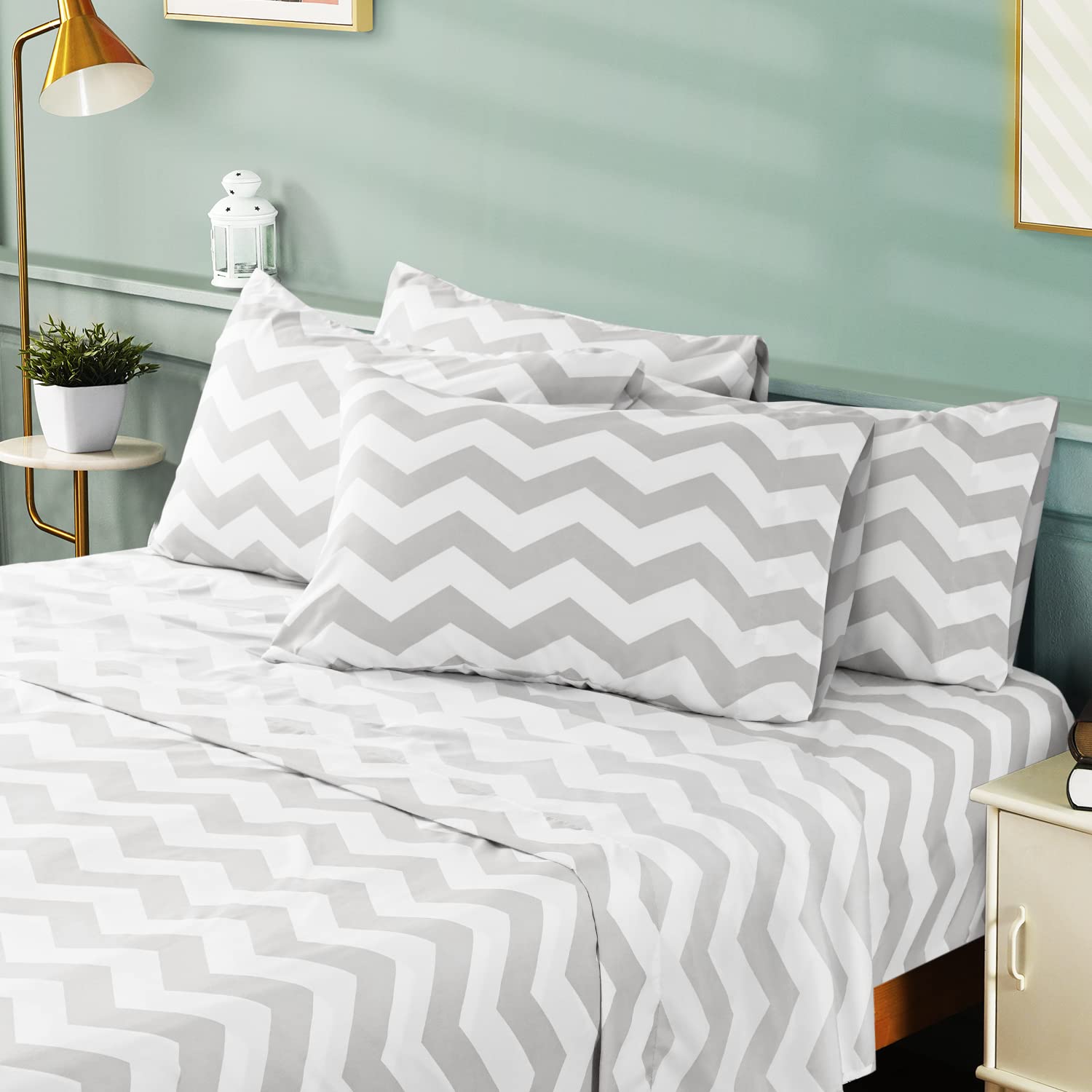 HOMEIDEAS 6 Piece Printed Full Size Bed Sheets, Extra Soft Brushed Microfiber 1800 Bedding Pattern Sheets, Deep Pocket, Wrinkle & Fade Free, Grey Chevron