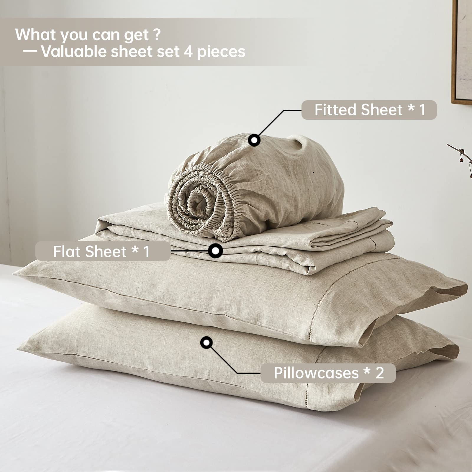 Simple&Opulence 100% Belgian Linen Sheet Set Handmade Hemstitch Linen Full Size Bed Sheet-4 Piece (1 Flat Sheet+1 Fitted Sheet+2 Pillowcases)-Natural Flax Farmhouse Bedding