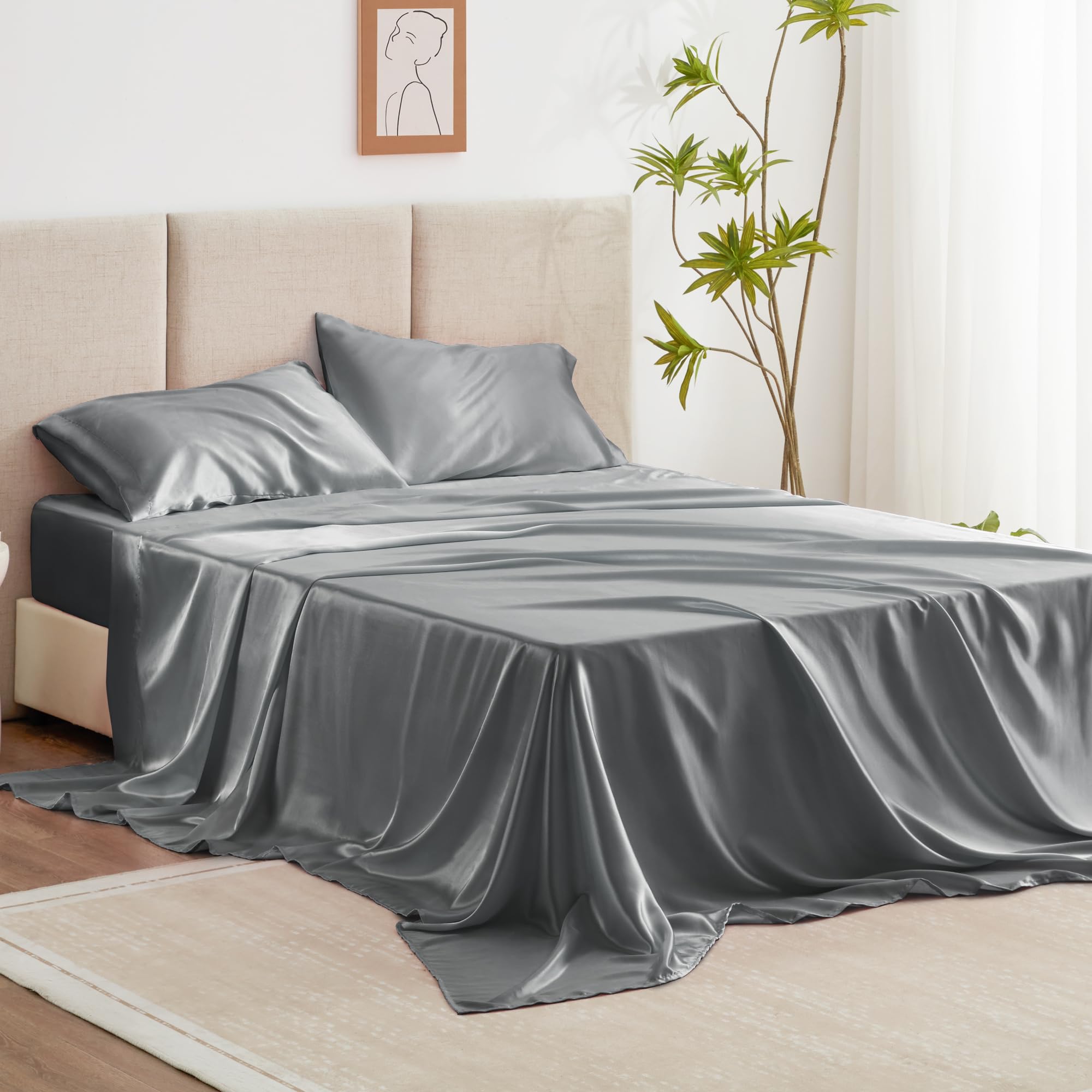 Love's cabin Full Size Satin Sheet Sets - 4 Piece Dark Grey Silky Satin Sheet Set full with Deep Pocket, Luxury Silk Feel Satin Bed Sheets Full Bedding Set (1 Flat Sheet,1 Fitted Sheet,2 Pillow cases)