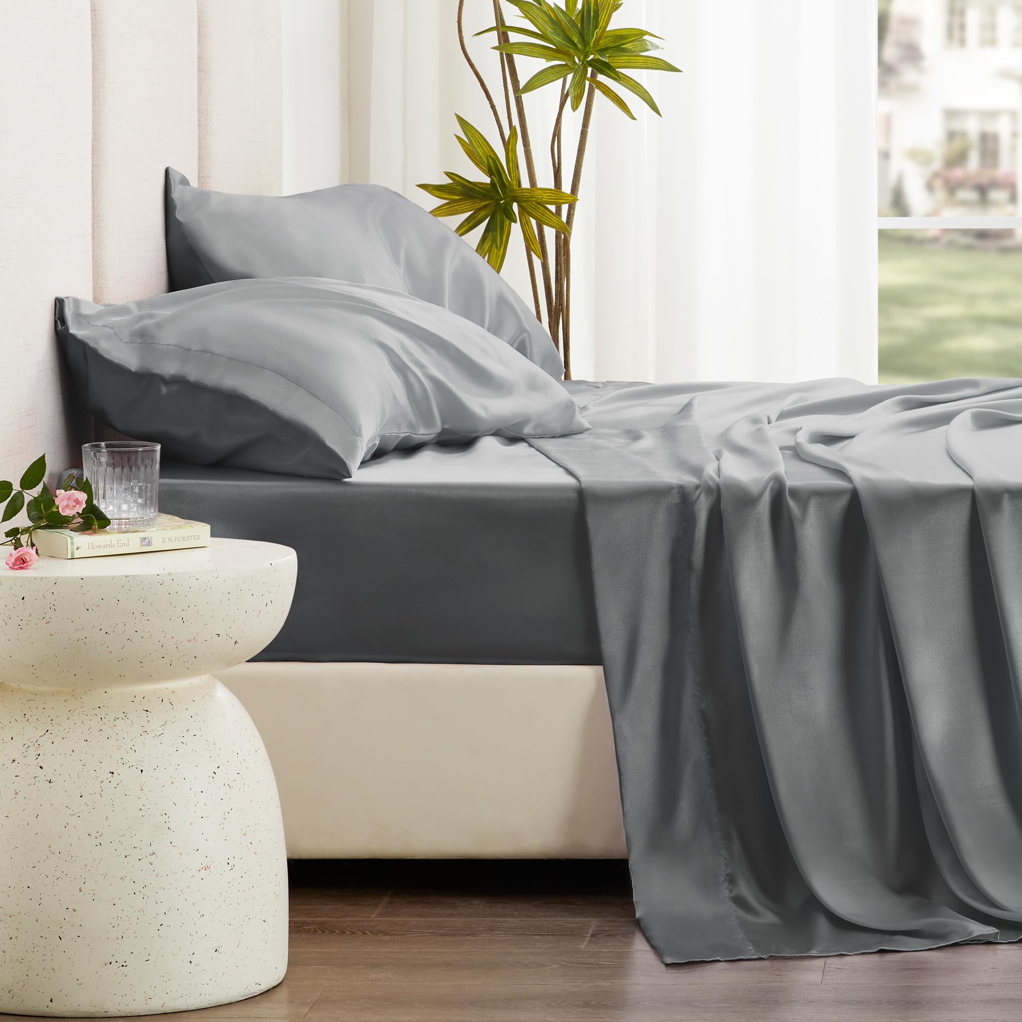 Love's cabin Full Size Satin Sheet Sets - 4 Piece Dark Grey Silky Satin Sheet Set full with Deep Pocket, Luxury Silk Feel Satin Bed Sheets Full Bedding Set (1 Flat Sheet,1 Fitted Sheet,2 Pillow cases)