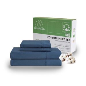 MEISHANG Cotton Sheets Full Size - 100% Cotton 600 Thread Count Sheets, Soft Breathable Cooling Sateen Egyptian Cotton Bed Sheets with Deep Pocket, 4 Pieces Set Navy