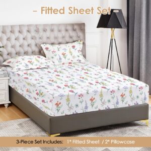 YIYEA Floral Fitted Sheet with Pillowcase, Premium 1800 Thread Count Brushed Microfiber Fitted Sheet Full, 16" Deep Pocket Fitted Bottom Sheet, Ultra Soft, and Fade Resistant (Full,)