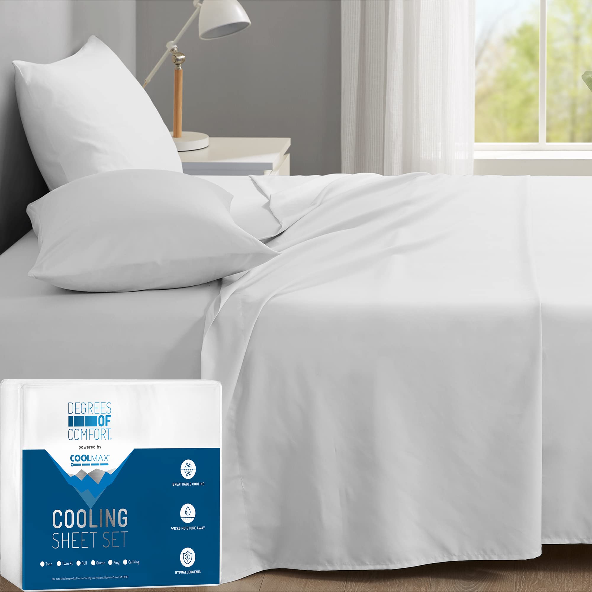 Degrees of Comfort Coolmax Cooling Sheets Set for Full Size Bed, Moisture Wicking for Night Sweats Best Comfort, Cool Sheets for Hot Sleepers During Warm Weather with Deep Pocket, White-4PC